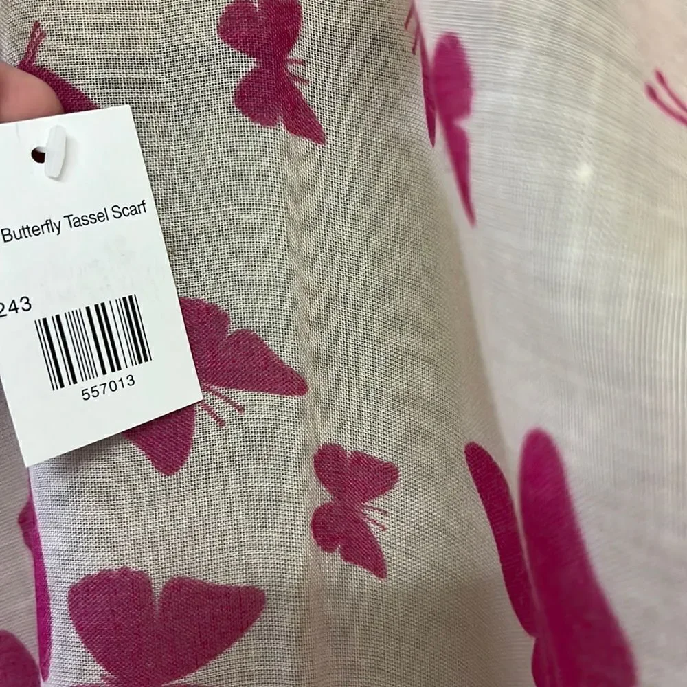 Cream and Fuschia/Magenta Butterfly Scarf with Tassels- OS (approx- 72” by 42”)